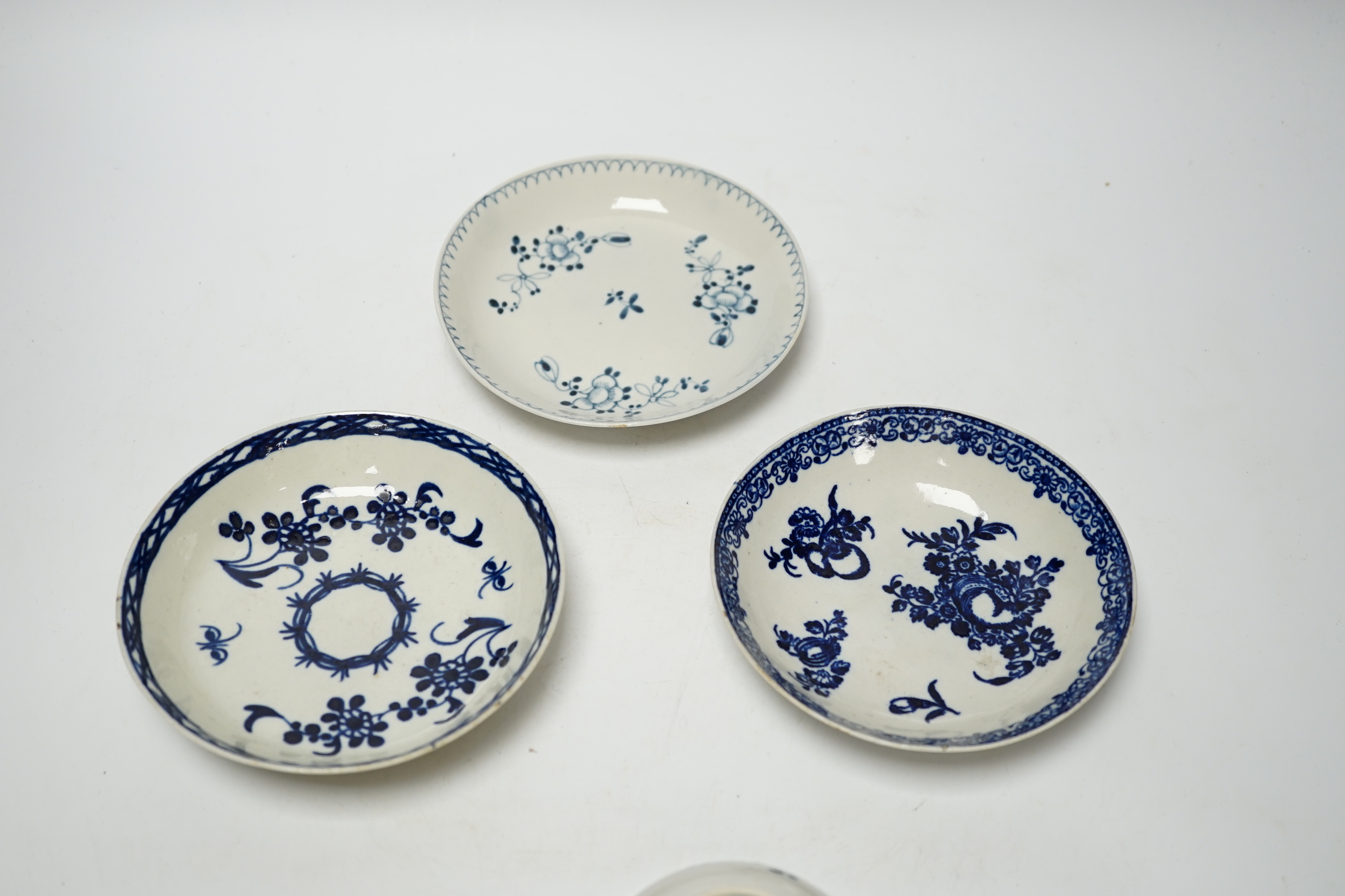 Three late 18th century Liverpool blue and white teabowls and saucers